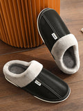 Wexleyjesus Casual Indoor PU Non-Slip Waterproof Keep Warm Velvet Slippers