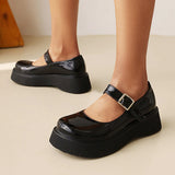 Wexleyjesus Sweet Dark Blue Mary Jane Shoes Japanese Kawaii Shiny Patent Leather Metal Belt Buckle Women's Pumps Platform Heel Shoes