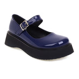 Wexleyjesus Sweet Dark Blue Mary Jane Shoes Japanese Kawaii Shiny Patent Leather Metal Belt Buckle Women's Pumps Platform Heel Shoes