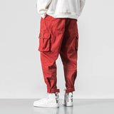 Wexleyjesus Cotton Men Multi Pocket Elastic Waist Design Harem Pant Street Punk Hip Hop Red Casual Trousers Joggers Male Army Cargo Pants