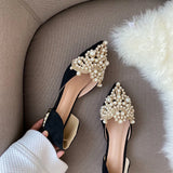 wexleyjesus  New Crown Pearl Flats Women Wedding Shoes Pointed Toe Female Dress Moccasins Low Pearl Heel Ladies Fashion Luxury Style
