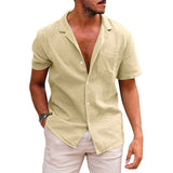 boy outfits Summer Lapel Solid Color Short-Sleeved Shirt Button Men's Cotton and Linen Shirt Men's Clothing