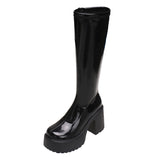 Wexleyjesus Chunky Heel Platform Long Boots for Women Black Patent Leather Knee High Boots Woman Winter Thick High Heels Punk Shoes