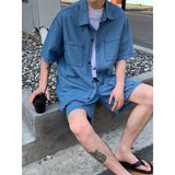 Wexleyjesus Japanese Style Temperament High-end Sense Cargo Short-sleeved Denim Shirt Top Shorts Men's Summer Fashion Casual Two-piece Set