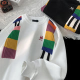 Wexleyjesus Rainbow Knit Patchwork Sweatshirts Trend Embroidery Crew-neck Men Women Pullover Sweatshirt Streetwear Coouple Clothing Casual