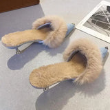 Wexleyjesus Fur Slippers Mules Pointed Toe Elegant High Heels Shoes Women's Autumn New Furry Slides Flip Flops Office Work Ytmtloy Indoor