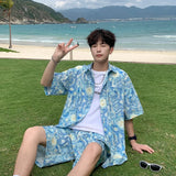 Wexleyjesus Summer Men's Hawaiian Beach Sets Single Breasted Graffiti Printed Short Sleeve Shirt and Shorts Casual Vacation Travel Outfit
