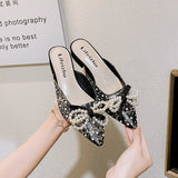 Wexleyjesus Summer New Shoes for Women Beautiful Slipper Pointed Toe Pearl Bowknot Casual Sandals Girl Match Dress Heels Mules Slides