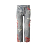 Wexleyjesus High Street Hip-hop Sunset Lace Patchwork Ripped Jeans Men's Niche Loose Straight Mopping Denim Pants Pockets Cowboy Trousers