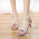 Wexleyjesus Comemore Summer Elegant Woman Heeled Shoes Sandals Mid Heel Women Shoe Open Toe Bow Beading Wedding Sandal