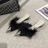 Wexleyjesus Pointy Mule Shoes Women's Fluffy  Summer Dress Elegant Slingback Sandals Party Slide Simple and Shallow Cut Style