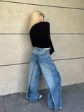 Wexleyjesus New Denim Blue Wide Leg Pants High Waist Fashion Blue Full Length Jeans 2000s Aesthetic Casual Trousers Split Hem Retro Trend