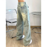 Wexleyjesus Vintage Split Wide Jeans for Men Yellow Mud Dyed Washed Distressed Wide Leg Jeans Denim Pant y2k baggy jeans cargo pants men