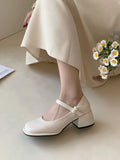 Wexleyjesus Pearl Square Heels Shoes for Women Chunky Beige with Medium Normal Leather Casual Japanese Style Lolita Toe Gothic Mary Jane L A