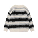 Wexleyjesus Striped Plush V-neck Sweater Women's Loose Casual Brushed Knit Trendy Couple Versatile Comfortable Harajuku High Street Cardigan