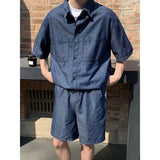 Wexleyjesus Japanese Style Temperament High-end Sense Cargo Short-sleeved Denim Shirt Top Shorts Men's Summer Fashion Casual Two-piece Set