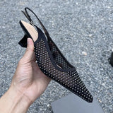 Wexleyjesus Rhinestone Mesh Heeled Sandals Women Shoes Pointed Toe Transaprent Black Elegant Pumps Summer Party Luxury Ladies Shoes 2024