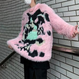 Wexleyjesus Mens Y2k American Street Pink Graffiti Knitted Sweater Genderless Autumn Winter Fashion Casual Lazy Style Plush Top Unisex