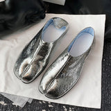 Wexleyjesus Burst Silver Tabi Ninja Shoes Women Split Toe Flats Trotters Mocasines Mujer Solid PU Leather Loafers Femmes Slip On Slides