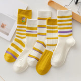 Wexleyjesus 5 Pairs Of Korean Autumn And Winter Yellow Striped Socks Cute Casual Pure Cotton Socks Women's Sports Warm Socks Set