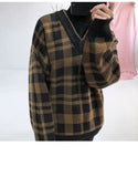 Wexleyjesus Retro Sweater Autumn Winter Plaid V-neck Loose Men's Long Sleeves Pullover Casual Daily Knitted Sweaters Tops