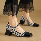 Wexleyjesus 2024 New Women Retro Houndstooth Mary Janes Pumps Patent Leather Buckle Strap Block Thick Heeled Shoes Ladies Dress Spring 33-48