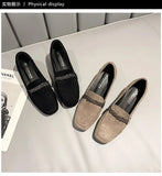 Wexleyjesus    Autumn Winter Women Loafers Low Heels Boat Shoes Square Toe Dress Shoes Chain Faux Suede Plush Warm Ladies Shoes Plus Size