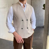 Wexleyjesus Autumn Winter New Double-breasted Knitted Sleeveless Vest Men's Fashion V-neck Solid Color Pockets Buttons Sweater Vests