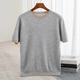 Wexleyjesus  Men's T-shirt Summer New Knitted Tank Top Fashion Color Block Round Neck Pullover Sweater 100% Pure Wool Short sleeved