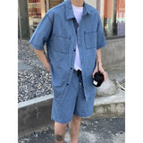 Wexleyjesus Japanese Style Temperament High-end Sense Cargo Short-sleeved Denim Shirt Top Shorts Men's Summer Fashion Casual Two-piece Set