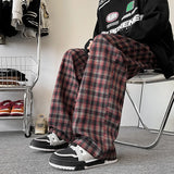 Wexleyjesus England Style Red Plaid Pants Men's Trousers Spring Autumn Drape Straight-leg Pants Loose Comfortable Home Casual Pants