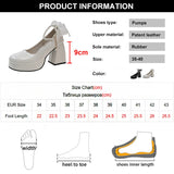 Wexleyjesus Ankle Strap Platform Pumps for Women Super High Heels Patent Leather Mary Jane Shoes Woman Lace Bowknot Dress Shoes Ladies