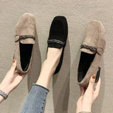 Wexleyjesus    Autumn Winter Women Loafers Low Heels Boat Shoes Square Toe Dress Shoes Chain Faux Suede Plush Warm Ladies Shoes Plus Size