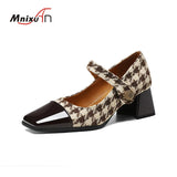 Wexleyjesus 2024 New Women Retro Houndstooth Mary Janes Pumps Patent Leather Buckle Strap Block Thick Heeled Shoes Ladies Dress Spring 33-48