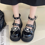 wexleyjesus  Punk Metal Chain Platform Lolita Shoes Women Patent Leather Mary Jane Shoes Woman Japanese Style Flat Heels Ankle Straps Shoes