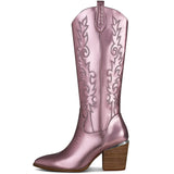 Wexleyjesus   Embroidery Cowboy Knee High Western Boot Western Stitch Patterns Cowgirl Boots Snip Toe Chunky Heel Western Women Boots