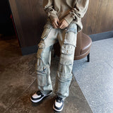 Wexleyjesus Harajuku Muti-pockets Cargo Jeans Men's Washed Patchwork Straight Casual Trousers Couple Streetwear Loose Fashion Pants