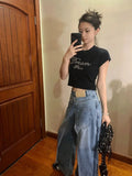 Wexleyjesus New Denim Blue Wide Leg Pants High Waist Fashion Blue Full Length Jeans 2000s Aesthetic Casual Trousers Split Hem Retro Trend