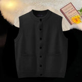 Wexleyjesus Knit Sweater Male with Pockets Men's Clothing Black Round Collar Sleeveless Crewneck Waistcoat Vest Japanese Harajuku Fashion A