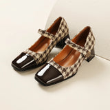 Wexleyjesus 2024 New Women Retro Houndstooth Mary Janes Pumps Patent Leather Buckle Strap Block Thick Heeled Shoes Ladies Dress Spring 33-48