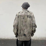 Wexleyjesus Men Gray Tie-dye Denim Jackets Coats Loose Vintage Jeans Jackets New Autumn Hip Hop Denim Coats Outwear Casual Jeans Coats