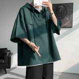 Wexleyjesus 5 Colors Summer Hooded T shirt Men Korean Half Sleeve Pullover Streetwear Loose T-shirt Tops Drawstring Men Clothing 5XL-M