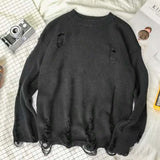 Wexleyjesus American Lazy Streetwear Men Wind O-neck Knitted Ripped Sweater Retro Couple Loose Pullovers Men Knitwear Hole Sweaters E91