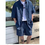 Wexleyjesus Japanese Style Temperament High-end Sense Cargo Short-sleeved Denim Shirt Top Shorts Men's Summer Fashion Casual Two-piece Set