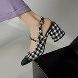 Wexleyjesus 2024 Vintage Patchwork Pumps Shallow Black White Plaid Slingback Summer Sandals Patent Leather Square High Heels Mary Jeans