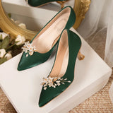 Wexleyjesus  Flowers Pointed Toe Pumps for Women New Green Silk Low Heels Shoes Woman Slip on Thin Heeled Lady Shoes Green Party Shoes