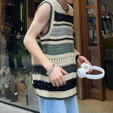 Wexleyjesus Fashion Knitted Vest Y2k Streetwear Trend Hollow Sleeveless Top Men's Striped Contrast Color Loose Tank Tops Genderless Clothing