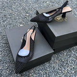 Wexleyjesus Rhinestone Mesh Heeled Sandals Women Shoes Pointed Toe Transaprent Black Elegant Pumps Summer Party Luxury Ladies Shoes 2024