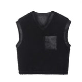 Wexleyjesus Fleece Vest Jacket Men Korean Black Leather Velvet Patchwork Fur Vest Coat Sleeveless Darkwear Autumn Winter Old Money