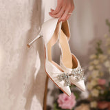 Wexleyjesus summer new banquet high-heeled sandals women Baotou fine heel rhinester wedding shoes hollow pointed single shoes